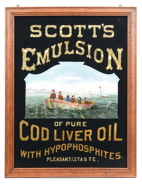 SCOTTS EMULSION OF PURE COD LIVER OIL REVERSE PAINTED GLASS SIGN W/ FISHING GRAPHIC.