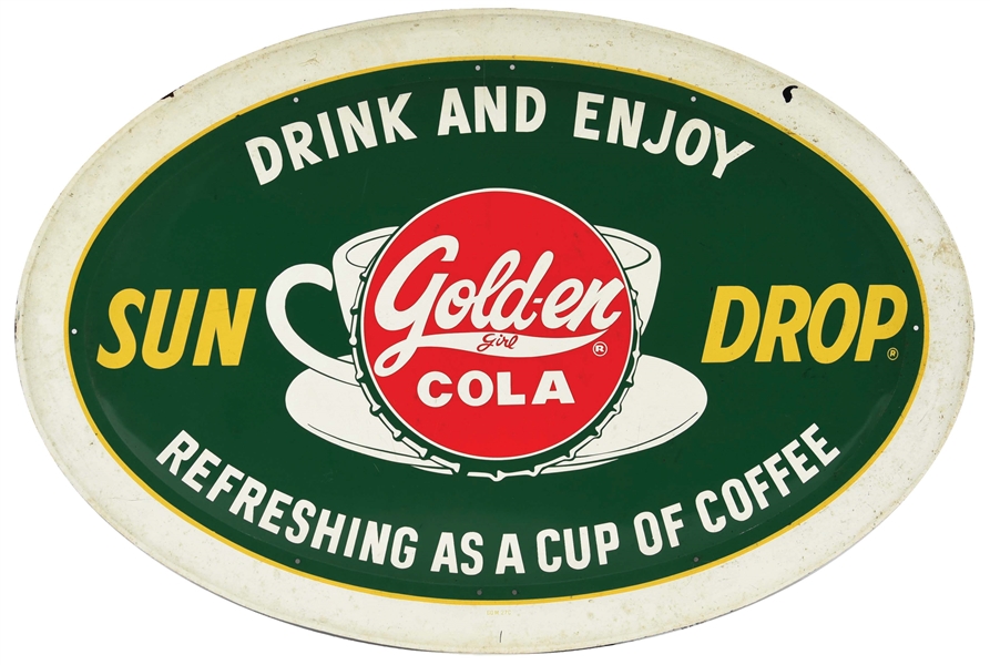 DRINK AND ENJOY GOLDEN COLA SELF-FRAMED TIN SIGN.