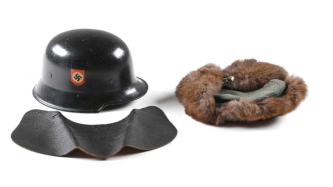LOT OF 2: GERMAN WWII M34 DOUBLE DECAL FIRE POLICE HELMET AND HEER WINTER CAP.