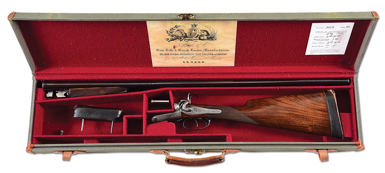 (A) BOSS & CO. 20 BORE DOUBLE HAMMER SIDELEVER SIDE BY SIDE SHOTGUN WITH CASE.