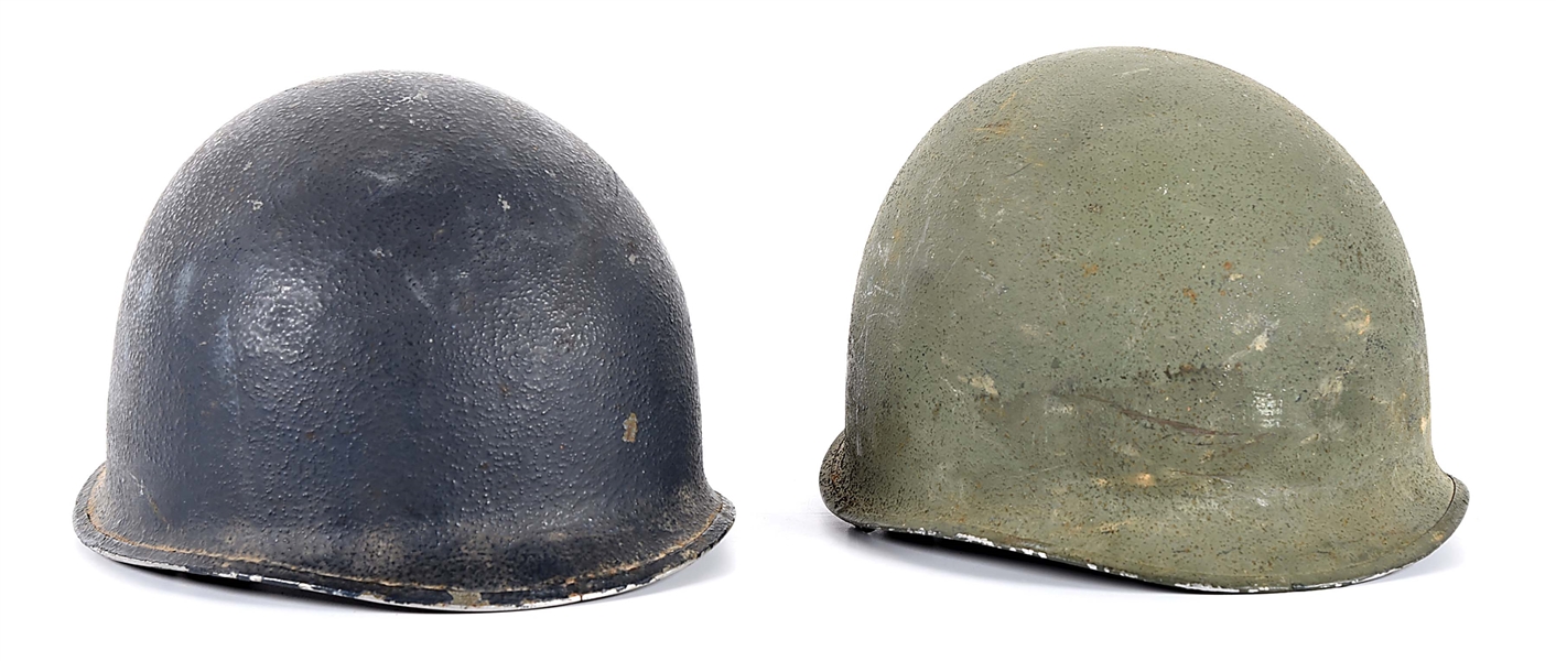 LOT OF 2: US WWII FRONT SEAM FIXED BALE NAVY PAINTED CAPTAINS HELMET AND FRONT SEAM SWIVEL BALE HELMET.