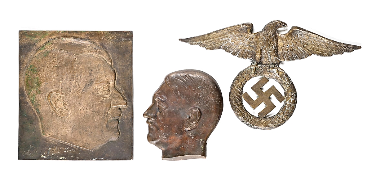 LOT OF 3: THIRD REICH CAST BRONZE SA EAGLE AND HITLER PLAQUES.