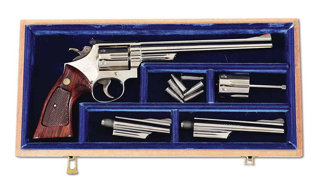 (M) SCARCE NICKEL SMITH & WESSON 53-2 DOUBLE ACTION REVOLVER MATCHING 3 BARREL, 2 CYLINDER SET.