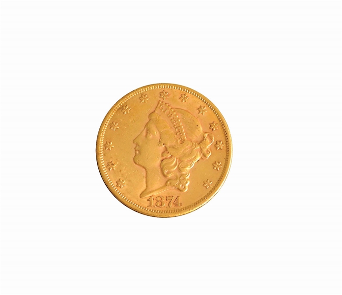 1874 $20 GOLD LIBERTY, RAW AU50