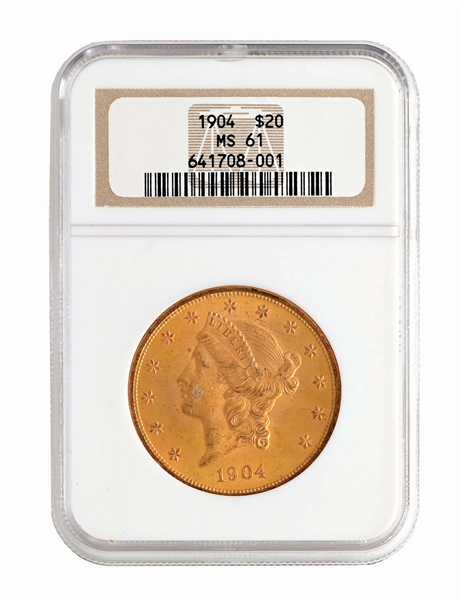 1904 $20 GOLD LIBERTY, NGC MS61