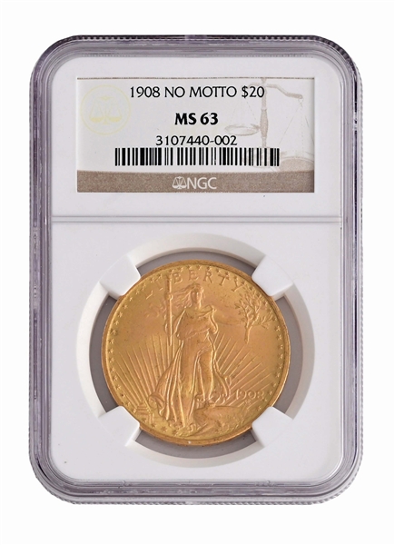 1908 $20 GOLD ST. GAUDENS, NO MOTTO, NGC MS63