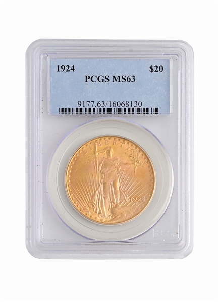 1924 $20 GOLD ST. GAUDENS, MS63, PCGS
