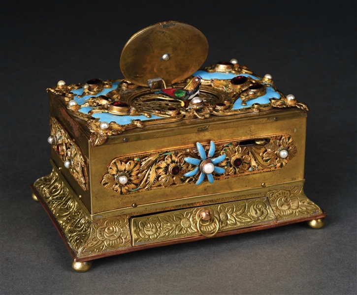 ENAMELED AND JEWELED DECORATRIVE SNUFF BIRD BOX AUTOMATON