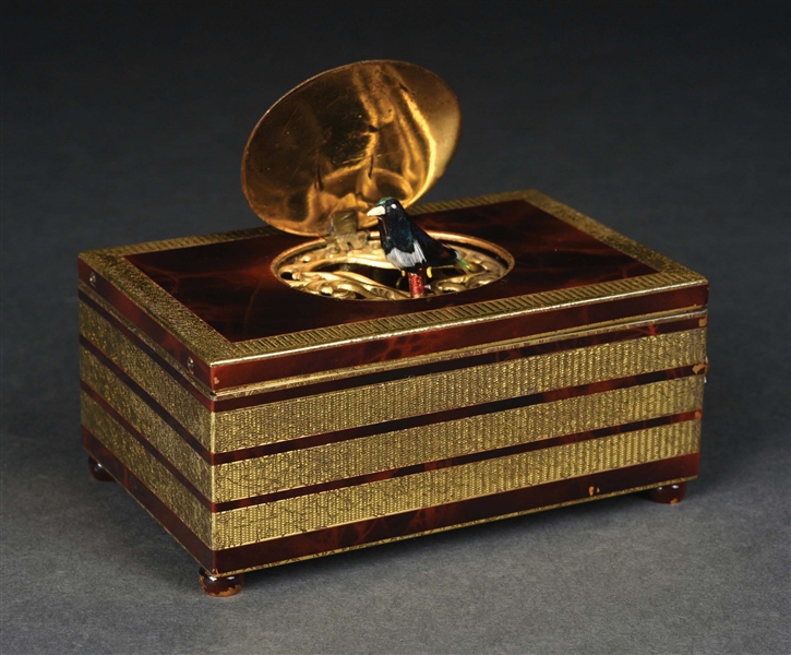 SMALL BRASS ENAMELED BIRD MUSIC BOX AUTOMATON