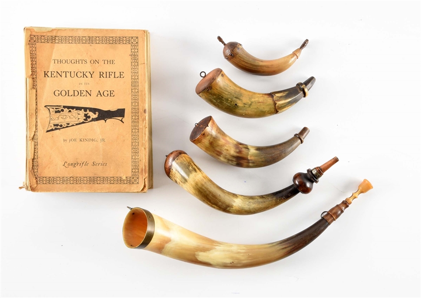 LOT OF 6: KENTUCKY RIFLE IN ITS GOLDEN AGE WITH 5 POWDER HORNS.