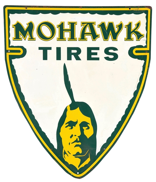 MOHAWK TIRES TIN SERVICE STATION SIGN W/ NATIVE AMERICAN GRAPHIC. 