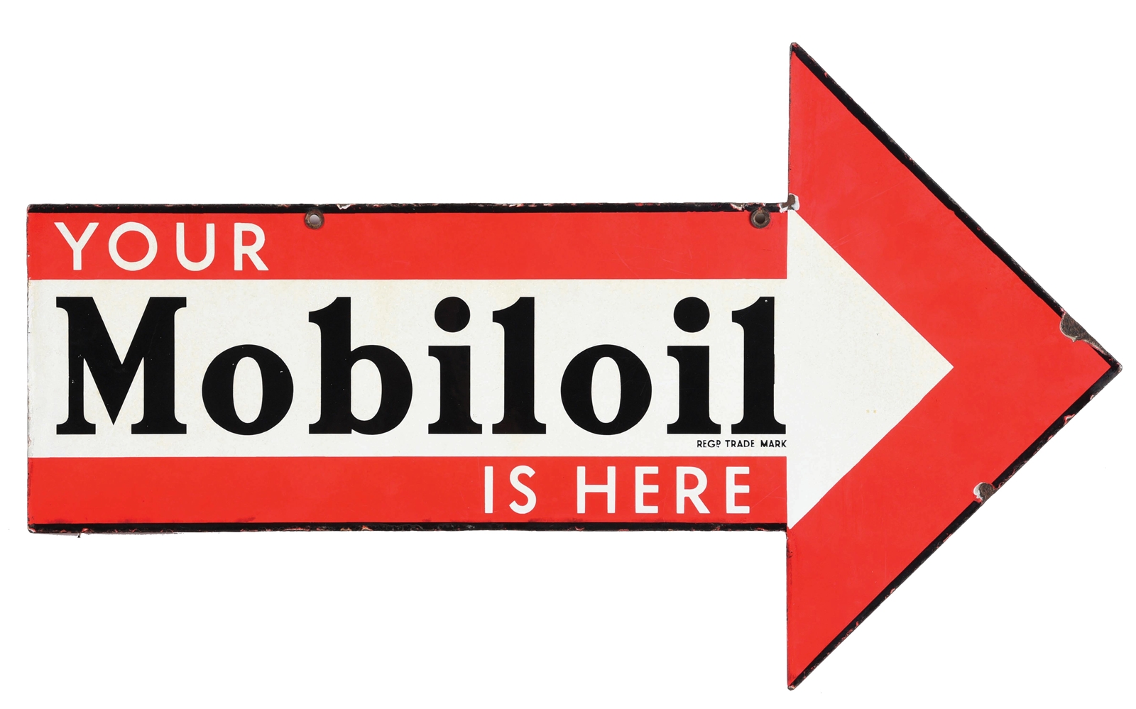 YOUR MOBILOIL IS HERE PORCELAIN SERVICE STATION ARROW SIGN. 