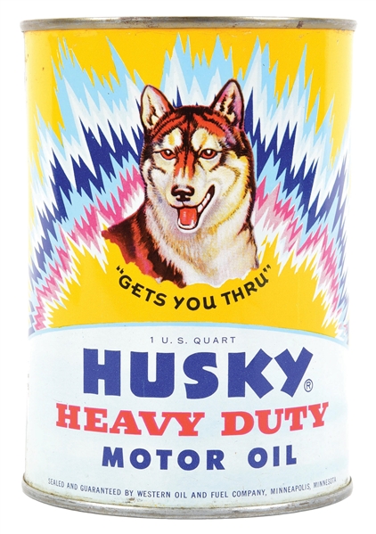 HUSKY HEAVY DUTY MOTOR OILS ONE QUART CAN W/ HUSKY DOG GRAPHIC. 