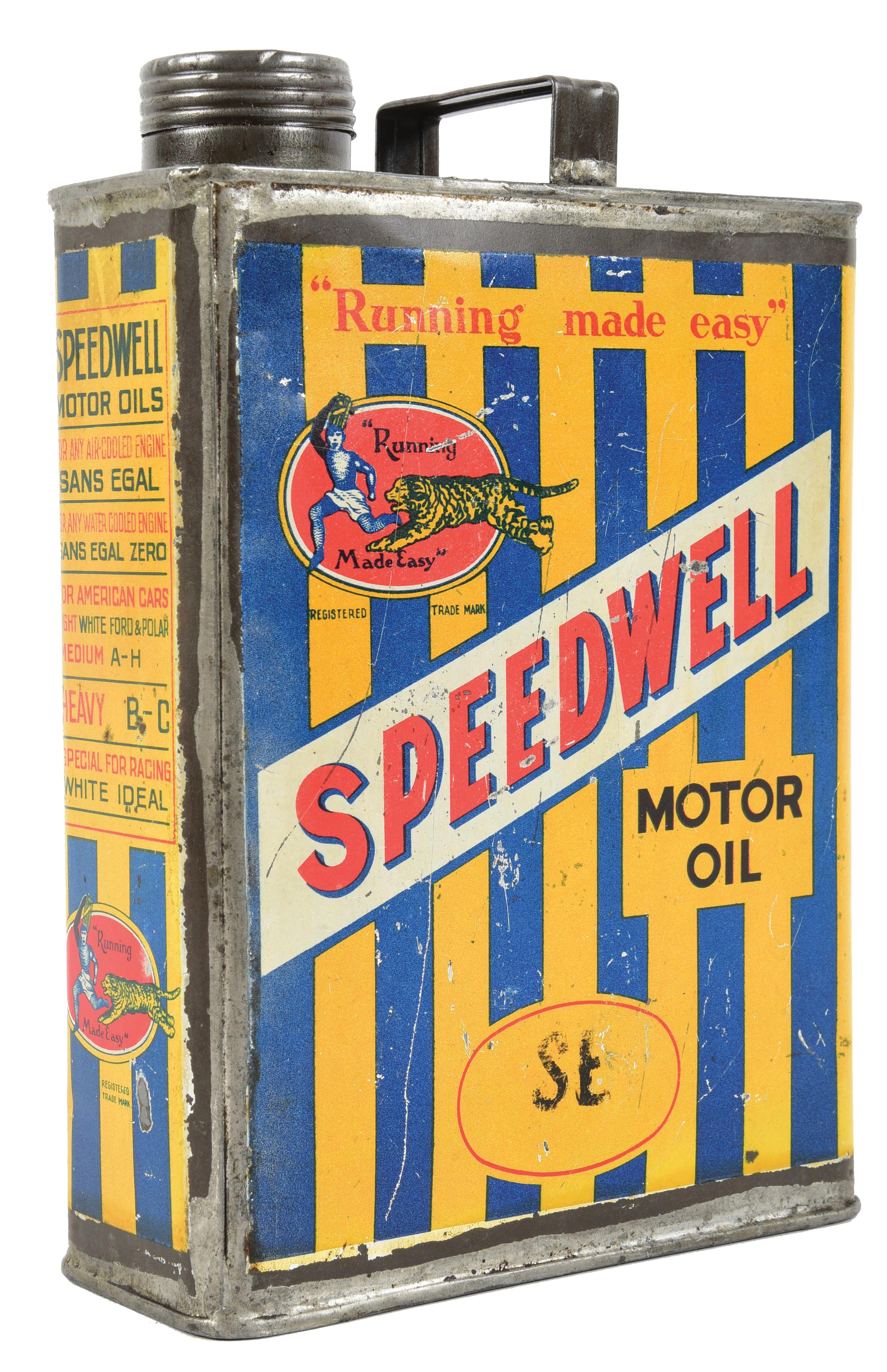 Lot Detail - SPEEDWELL MOTOR OIL HALF GALLON FLAT CAN W/ TIGER GRAPHIC.