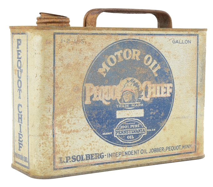 PEQUOT CHIEF MOTOR OIL HALF GALLON CAN W/ NATIVE AMERICAN GRAPHIC. 