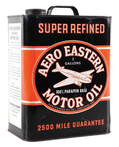 AERO EASTERN MOTOR OIL TWO GALLON CAN W/ AIRPLANE GRAPHIC. 