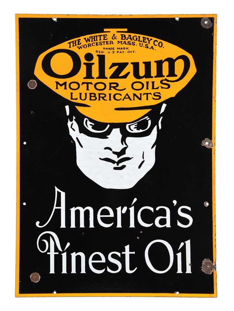 OILZUM "AMERICAS FINEST OIL" PORCELAIN SIGN W/ OSWALD GRAPHIC. 