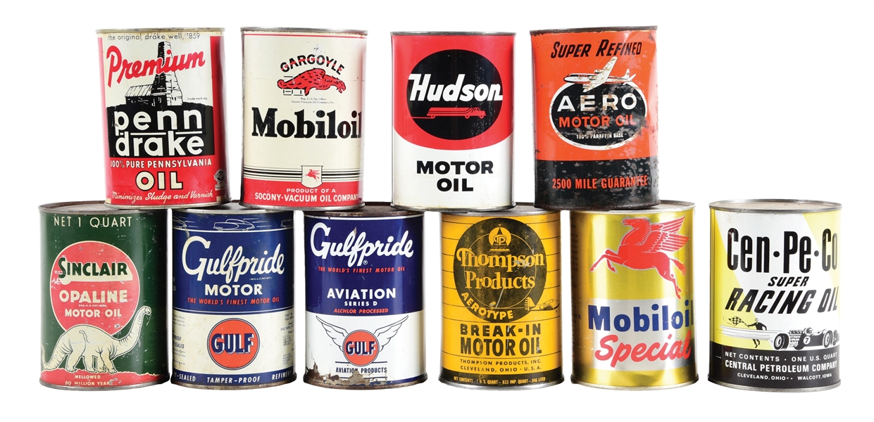 COLLECTION OF 10: VARIOUS ONE QUART MOTOR OIL CANS. 