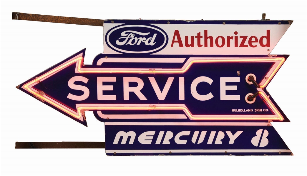 FORD AUTHORIZED SERVICE PORCELAIN NEON ARROW SIGN.