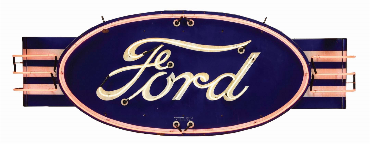 FORD AUTOMOBILES PORCELAIN NEON SIGN W/ WING & BULLNOSE EDGES. 