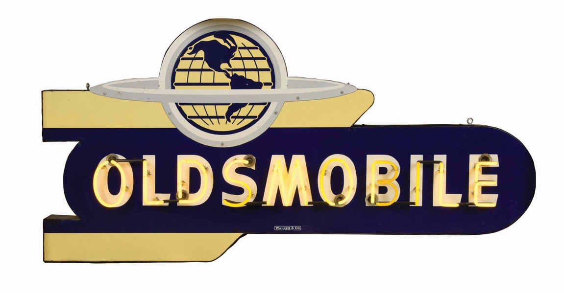 OLDSMOBILE AUTOMOBILES PORCELAIN NEON SIGN W/ GLOBE GRAPHIC. 