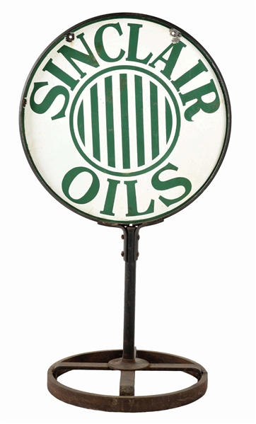 SINCLAIR OILS PORCELAIN SERVICE STATION SIGN W/ RING & BASE. 