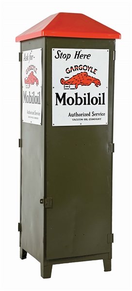 MOBILOIL METAL SERVICE STATION CABINET W/ THREE PORCELAIN MOBILOIL SIGNS. 