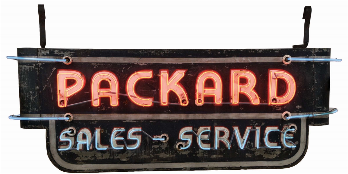 UNIQUE & RARE PACKARD SALES & SERVICE TIN NEON SIGN W/ BULLNOSE EDGES. 