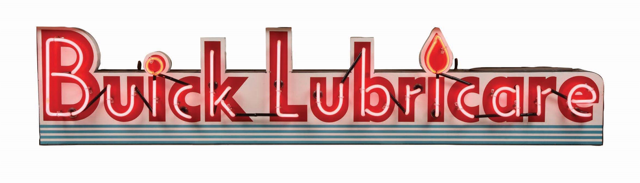 OUTSTANDING BUICK LUBRICARE PORCELAIN NEON SIGN W/ COOKIE CUTTER EDGE. 