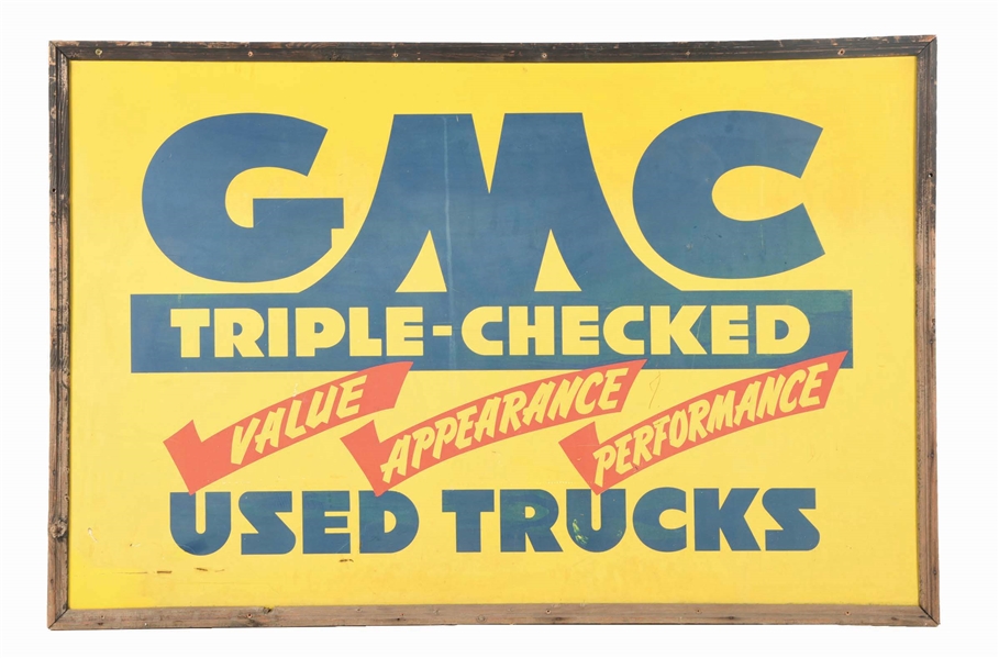 GMC TRIPLE-CHECKED USED TRUCKS TIN SIGN W/ ORIGINAL WOOD FRAME. 