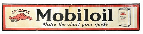 MOBILOIL "MAKE THE CHART YOUR GUIDE" PORCELAIN SIGN W/ OIL CAN & GARGOYLE GRAPHIC. 
