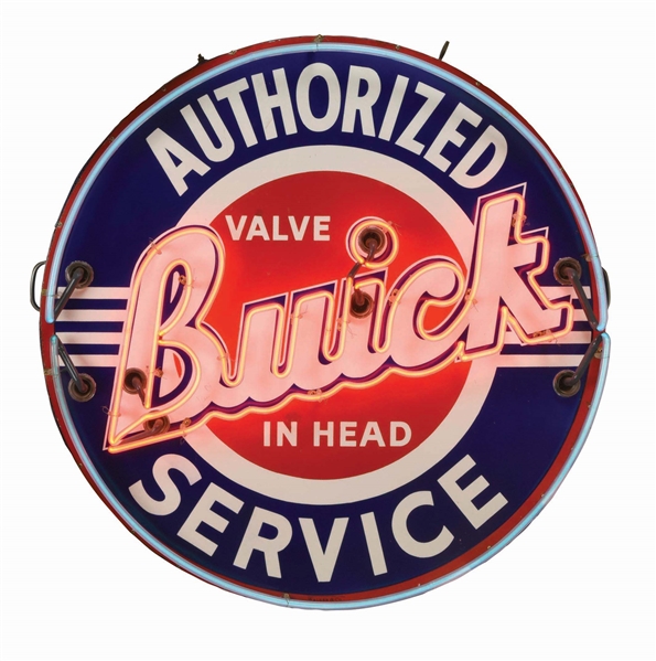 BUICK AUTHORIZED VALVE IN HEAD SERVICE PORCELAIN SIGN W/ ADDED NEON. 