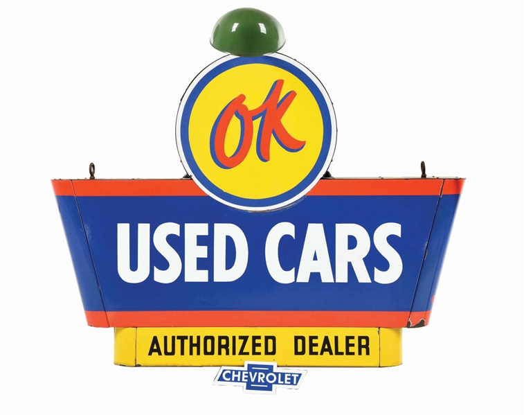 OK CHEVROLET USED CARS PORCELAIN LIGHT-UP SIGN.