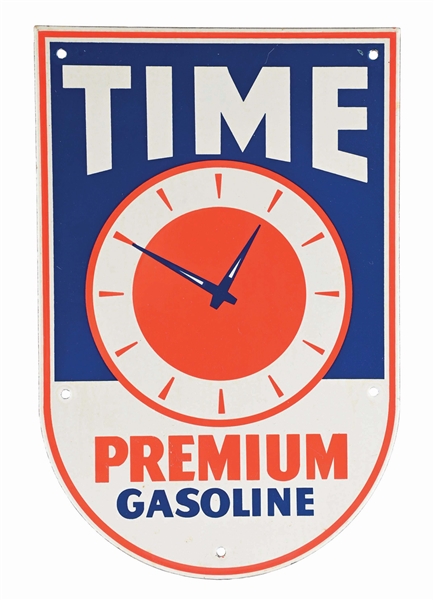 TIME PREMIUM GASOLINE PORCELAIN PUMP PLATE SIGN.