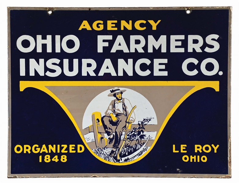 OHIO FARMERS INSURANCE COMPANY PORCELAIN SIGN W/ FARMER GRAPHIC. 