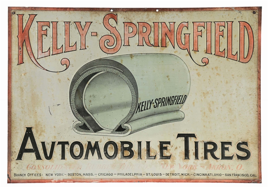 KELLY-SPRINGFIELD AUTOMOBILE TIRES EMBOSSED TIN SIGN W/ TIRE TUBE GRAPHIC. 
