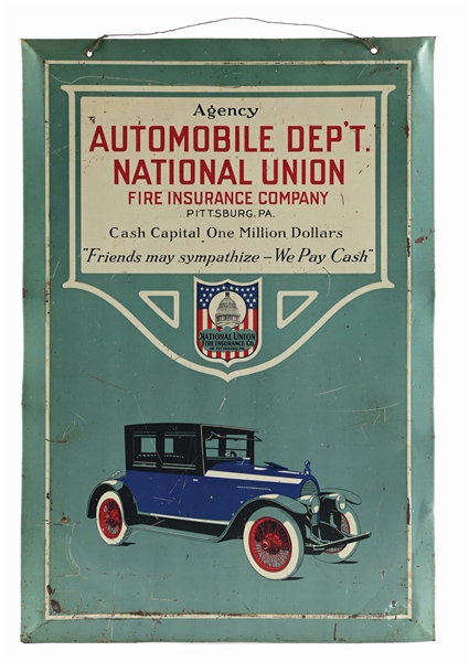AUTOMOBILE DEPARTMENT NATIONAL UNION FIRE INSURANCE COMPANY TIN OVER CARDBOARD SIGN.