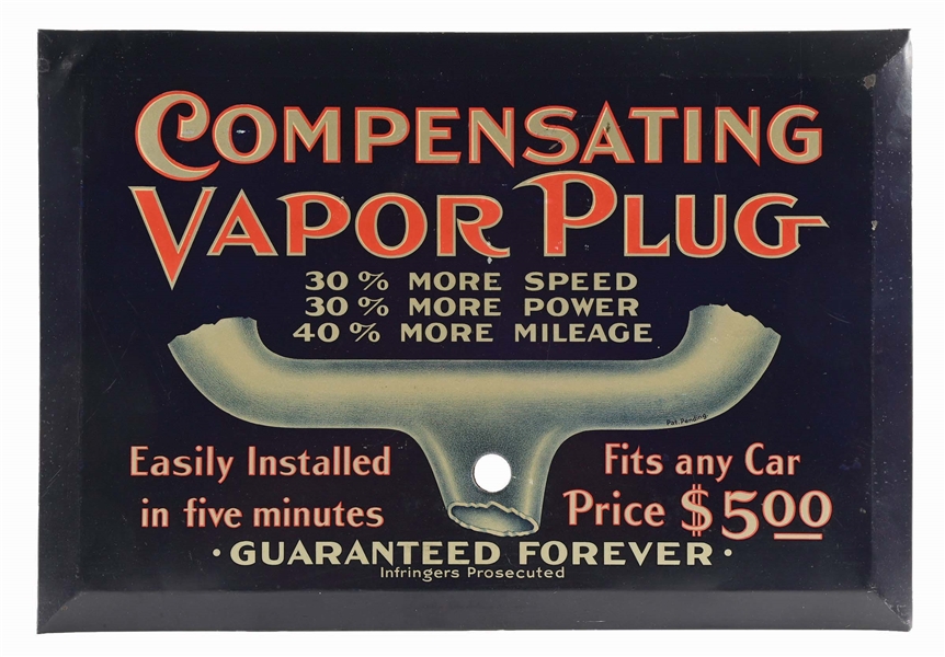 COMPENSATING VAPOR PLUG TIN OVER CARDBOARD SERVICE STATION SIGN.