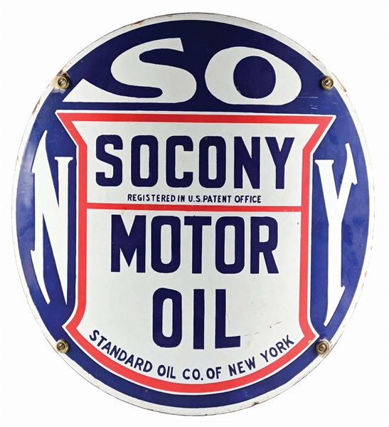 SOCONY MOTOR OILS CURVED PORCELAIN PUMP PLATE SIGN.