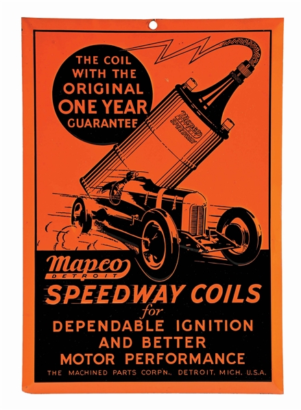 MAPCO DETROIT SPEEDWAY COILS EMBOSSED TIN SIGN W/ RACE CAR GRAPHIC. 