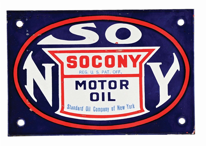 SOCONY MOTOR OIL PORCELAIN SIGN W/ SHIELD GRAPHIC. 