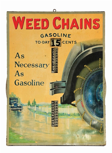 WEED CHAINS GASOLINE TO-DAY TIN SERVICE STATION PRICER SIGN W/ CAR GRAPHIC. 