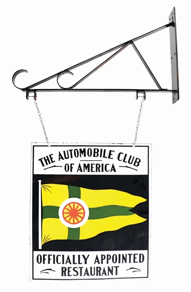 THE AUTOMOBILE CLUB OF AMERICA OFFICIALLY APPOINTED RESTAURANT PORCELAIN SIGN W/ IRON BRACKET. 