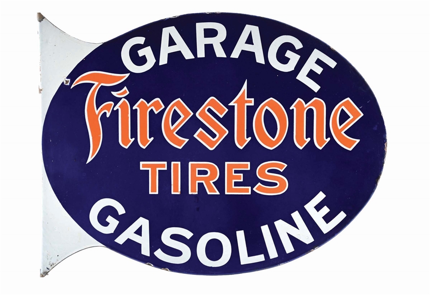 FIRESTONE TIRES GARAGE & GASOLINE PORCELAIN FLANGE SIGN.