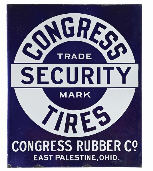 CONGRESS SECURITY TIRES PORCELAIN FLANGE SIGN. 