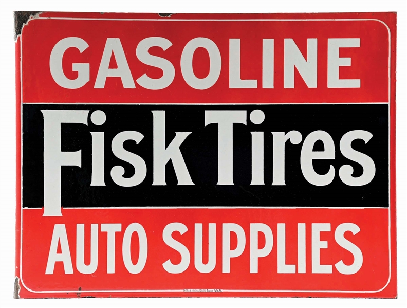 FISK TIRES GASOLINE & AUTO SUPPLIES PORCELAIN SERVICE STATION FLANGE SIGN.