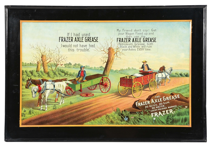 OUTSTANDING EMBOSSED FRAZER AXLE GREASE TIN SIGN W/ CARRIAGE & HORSE GRAPHIC.