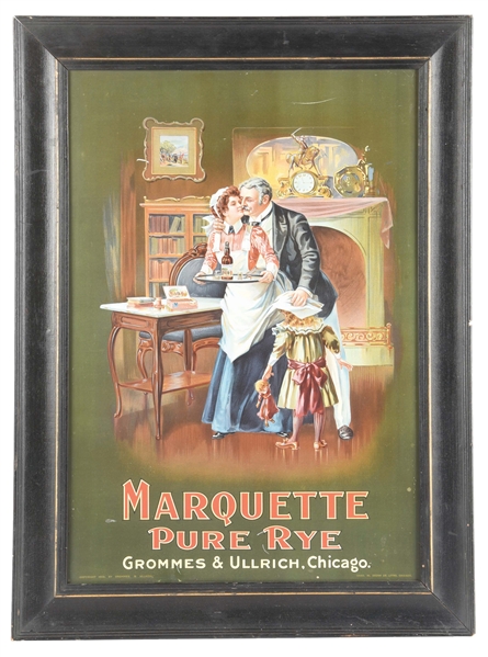 MARQUETTE RYE WHISKEY TIN SIGN W/ COLORFUL GRAPHIC.