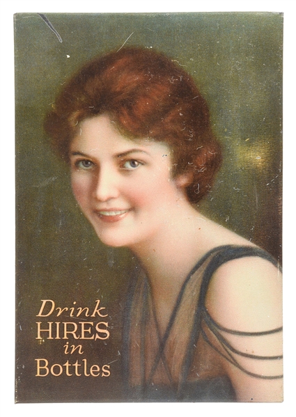 EARLY "DRINK HIRES IN BOTTLES" TIN LITHOGRAPH W/ OUTSTANDING BEAUTIFUL WOMAN GRAPHIC.