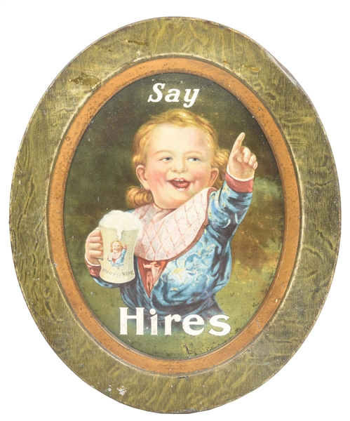 SELF-FRAMED HIRES ROOT BEER TIN SIGN W/ BOY GRAPHIC.